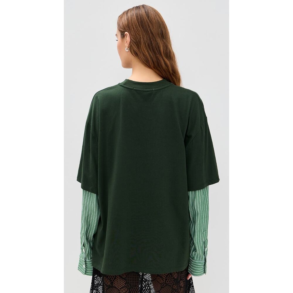 Lioness Bottega Green Layered Mix Media Crewneck Tee Striped Long Sleeve Shirt S - Picture 3 of 10
